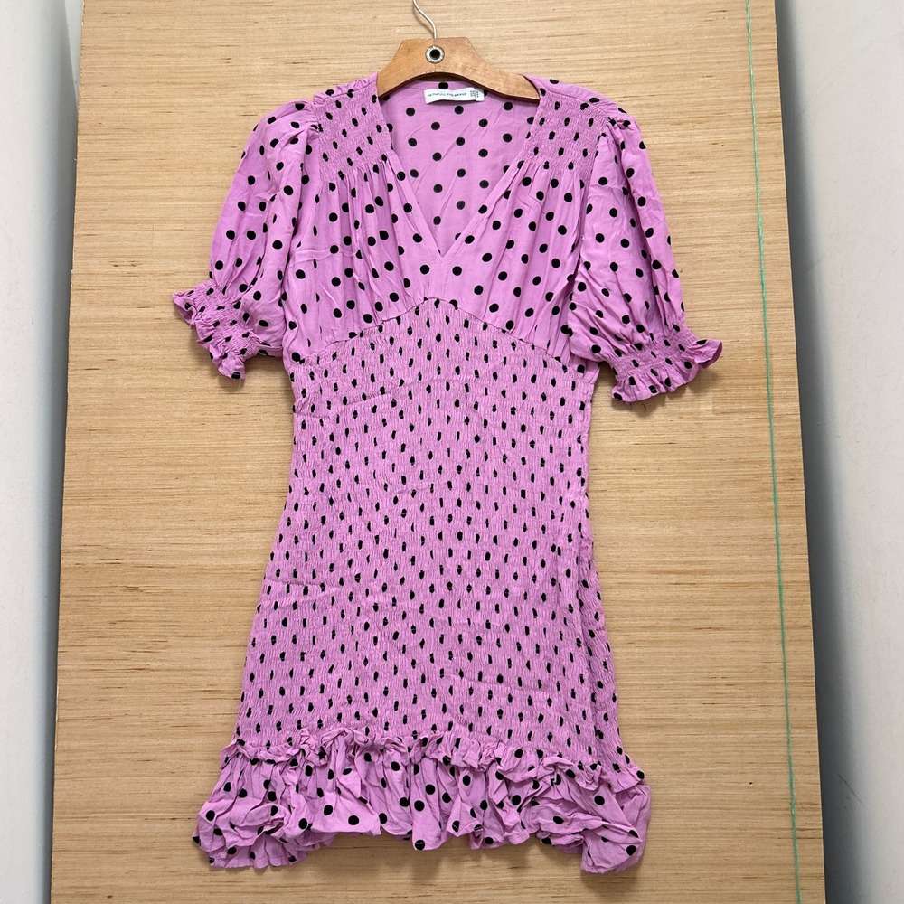 Faithfull The Brand Pink Polka Dot Smocked Mini Dress V-Neck Puff Sleeve Size S